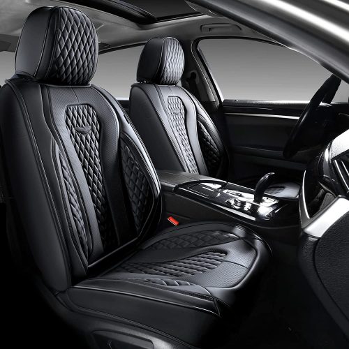 Coverado Leather Seat Covers, Waterproof Luxury Leatherette Car Seat Cushions for Front and Rear 5 Pcs, Stylish Seat Protectors Auto Accessories Universal Fit Most Sedans, SUVs and Trucks, Black