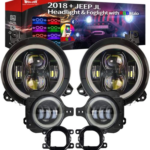 WOLUEN For Jp JL RGB Halo Headlights and Fog Lights Bundle – Super Bright 9 Inch LED RGB Halo Headlights, 4 inch RGB Fogs For 2018-2023+ Wrangler JL Sahara Rubicon 2020-2023+ Gladiator JT