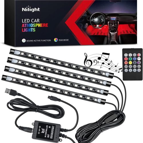 Nilight 4PCS 48 LEDs USB Interior Lights DC 5V Multicolor Music Car Strip Light Under Dash Lighting Kit with Sound Active Function and Wireless Remote Control, 2 Years Warranty