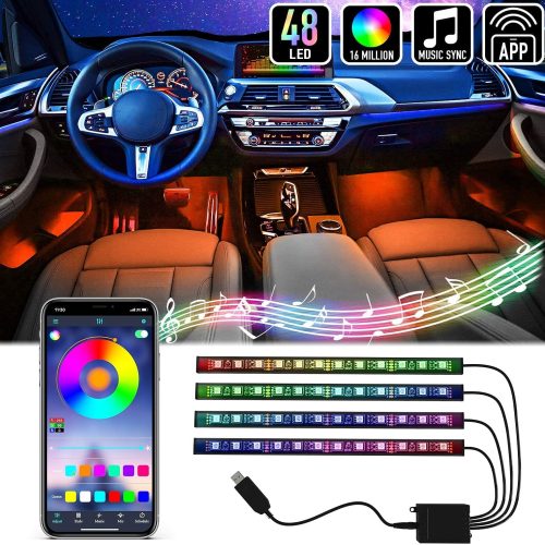 Mega Racer RGB Interior Car Lights – LED Strip Lights for Car, 48 LEDs Over 16 Million Colors, Music Sync App Controlled with iPhone Android Waterproof Under Dash Car Lighting Kit, USB DC 12V