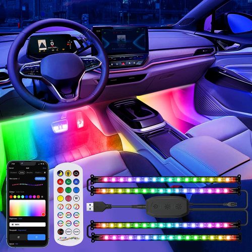 KORJO Interior Car Lights, 4pcs Car LED Lights with Dream Color DIY Mode and Music Sync, Bluetooth APP Control with Remote LED Lights for Car, 5V 68LED Under Dash Car Lighting Kit with USB Car Charger