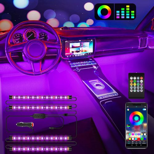ShyLight Car LED Lights Interior Lights 2-in-1 Design 4pcs 48 LED Remote and APP Controller Lighting Kits, Waterproof Multi DIY Color Music Car Lighting with Car Charger and DC 12V CR2025 Purple